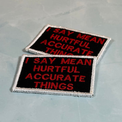 Two rectangular embroidered patches with black backgrounds, red text reading 'I SAY MEAN HURTFUL ACCURATE THINGS,' and white stitched borders, placed on a pale blue-gray surface.