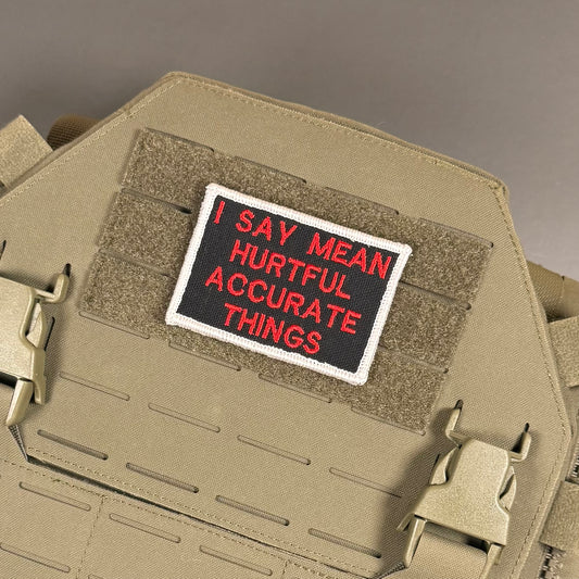 I Say Mean, Hurtful, Accurate Things embroidered morale patch: with red text reading 'I SAY MEAN HURTFUL ACCURATE THINGS' on a black background with a white border, attached to tan tactical gear with Velcro.