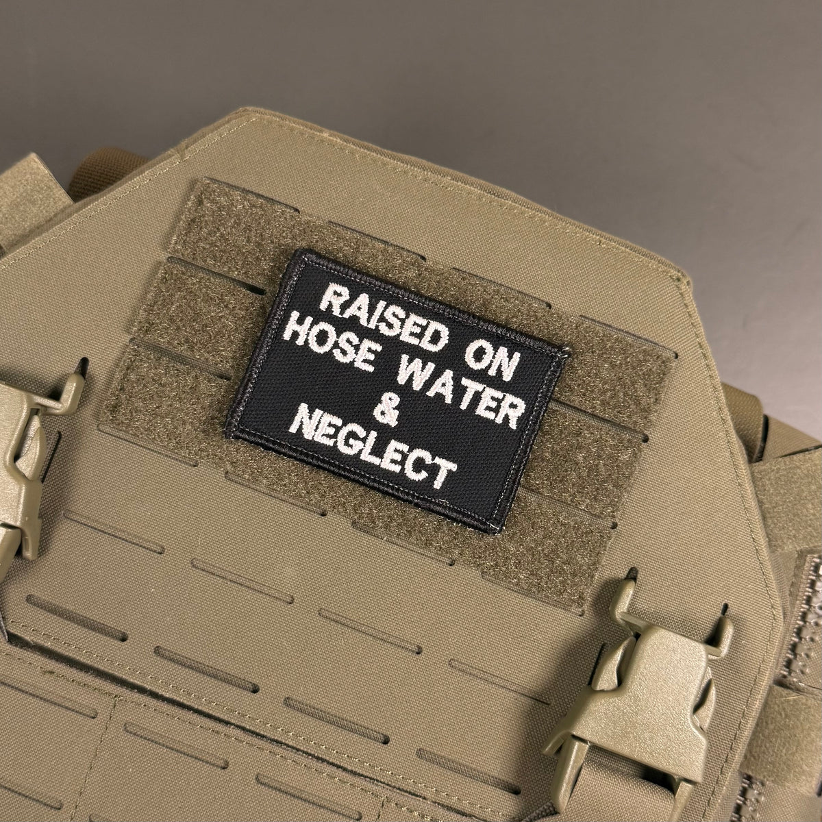 Raised on Hose Water & Neglect embroidered morale patch: tactical plate carrier vest in coyote tan, featuring a black rectangular embroidered patch with white text that reads 'RAISED ON HOSE WATER & NEGLECT'.