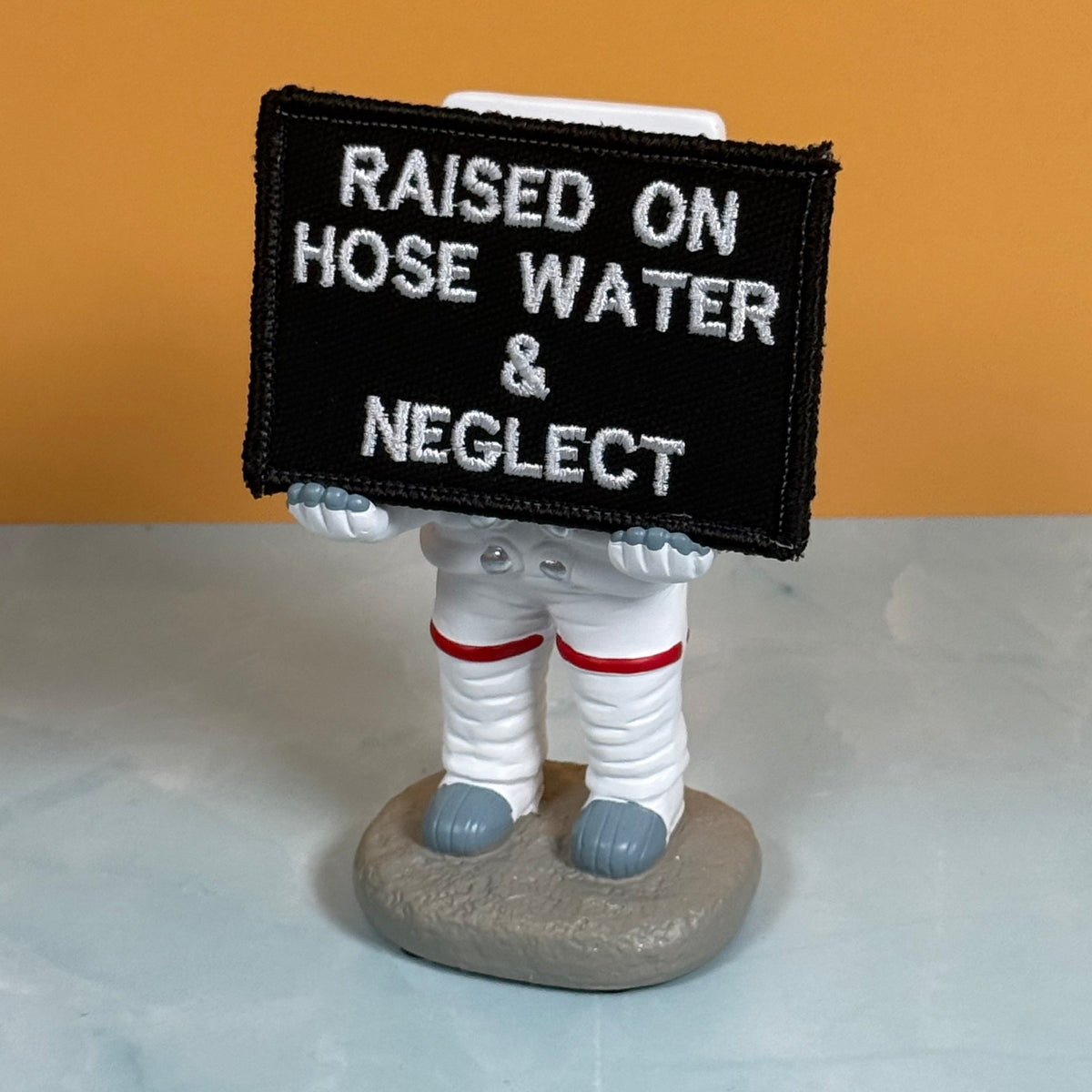 Raised on Hose Water & Neglect embroidered morale patch: astronaut figurine holding a black rectangular sign with white embroidered text that reads 'RAISED ON HOSE WATER & NEGLECT'. The astronaut is dressed in a white spacesuit.