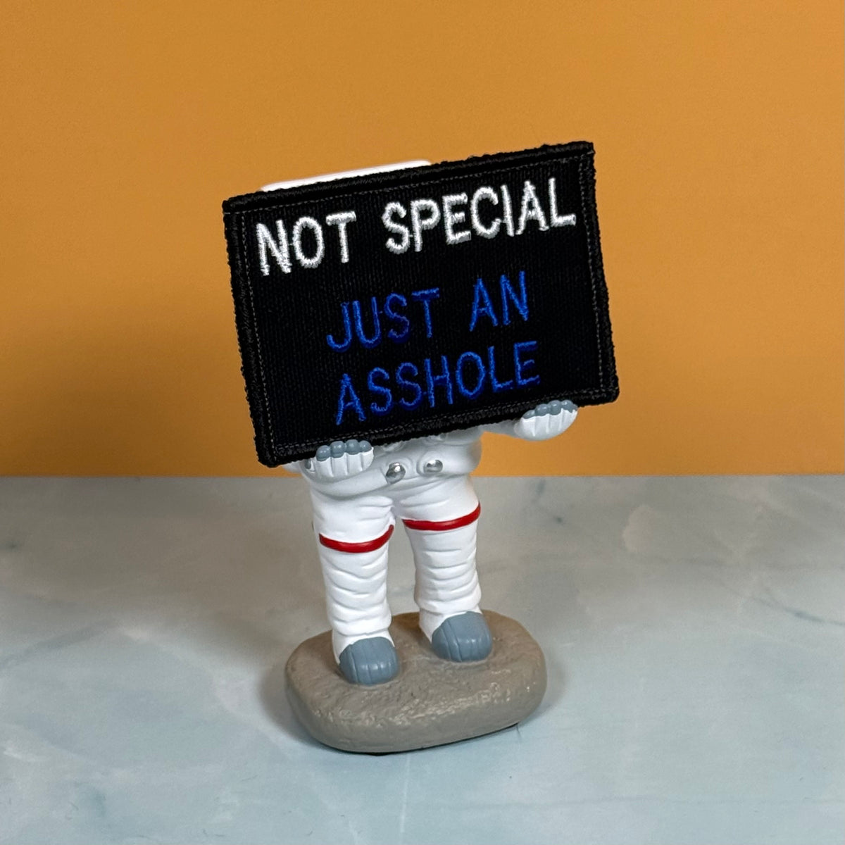 An embroidered patch with the text 'NOT SPECIAL JUST AN ASSHOLE' in white and blue on a black background, held by a small astronaut figurine on a gray rock base against an orange and gray background.