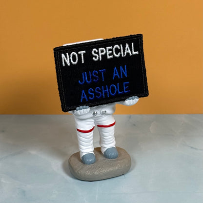 An embroidered patch with the text 'NOT SPECIAL JUST AN ASSHOLE' in white and blue on a black background, held by a small astronaut figurine on a gray rock base against an orange and gray background.