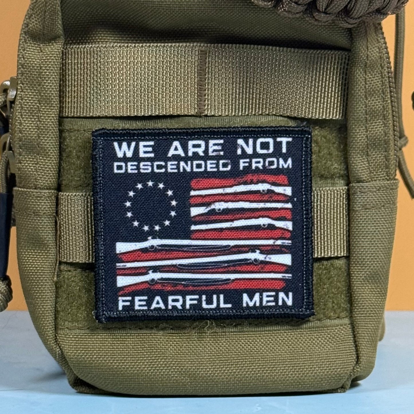 An olive drab tactical pouch featuring a rectangular embroidered patch with a black background, a Betsy Ross-style 13-star circle, and a distressed American flag made of rifles. The patch reads 'WE ARE NOT DESCENDED FROM FEARFUL MEN' in white text.