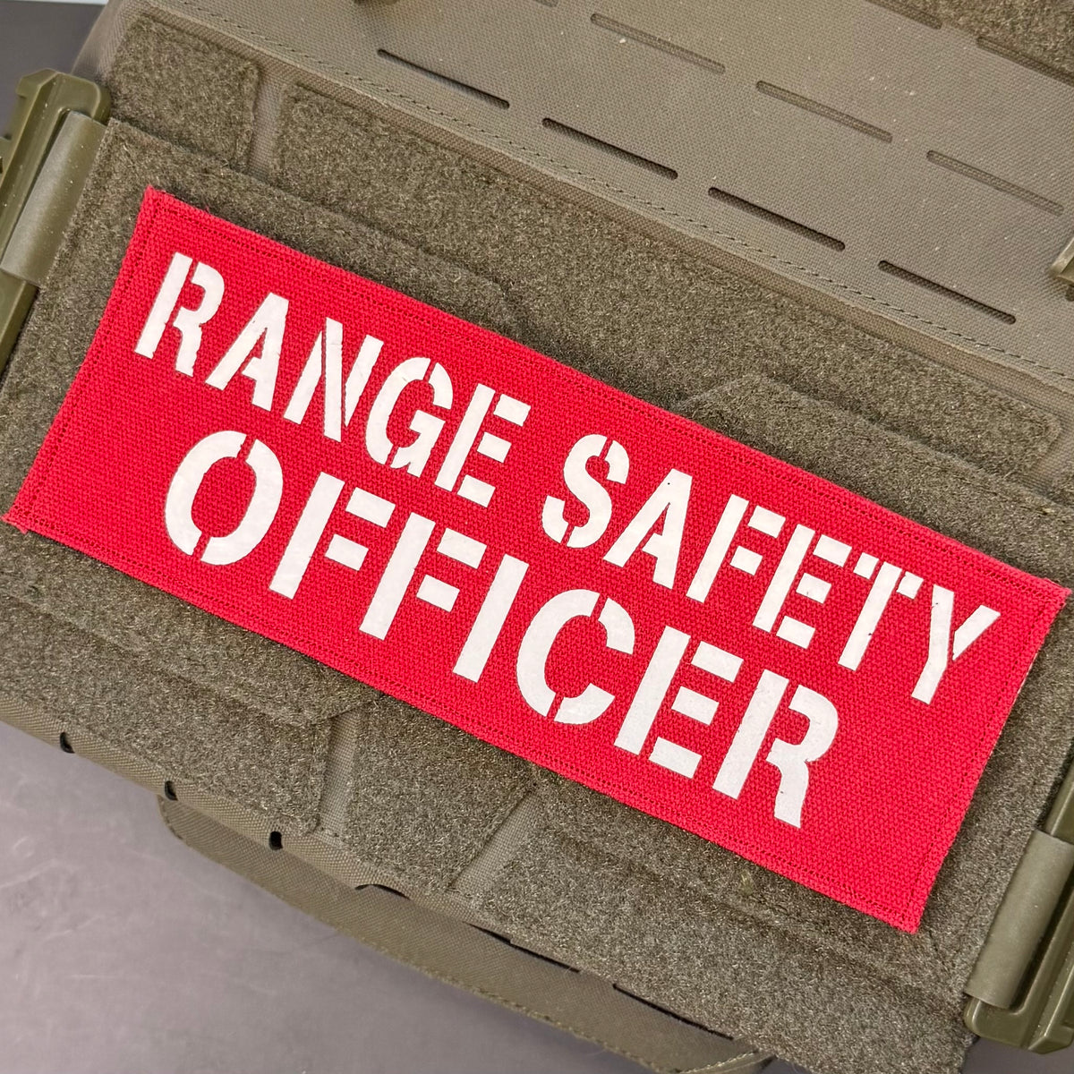 Range Safety Officer Patches & ID Plates – 2x3 Patch or 3x8 ID Panel – Tactical Gear embroidered or reflective range ID patch, front view.