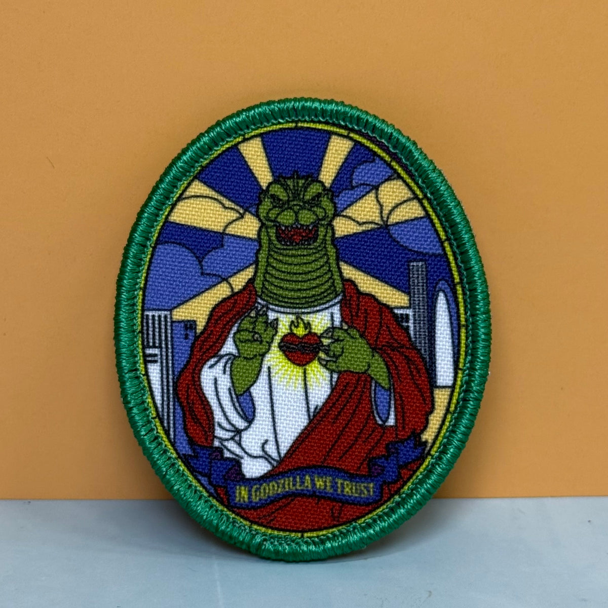 Saint Zilla, In Godzilla We Trust Funny Morale Patch, 2.5x3" | Made in USA | VELCRO® Brand Hook Backing