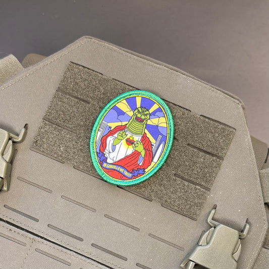 Saint Zilla, In Godzilla We Trust Funny Morale Patch, 2.5x3" | Made in USA | VELCRO® Brand Hook Backing