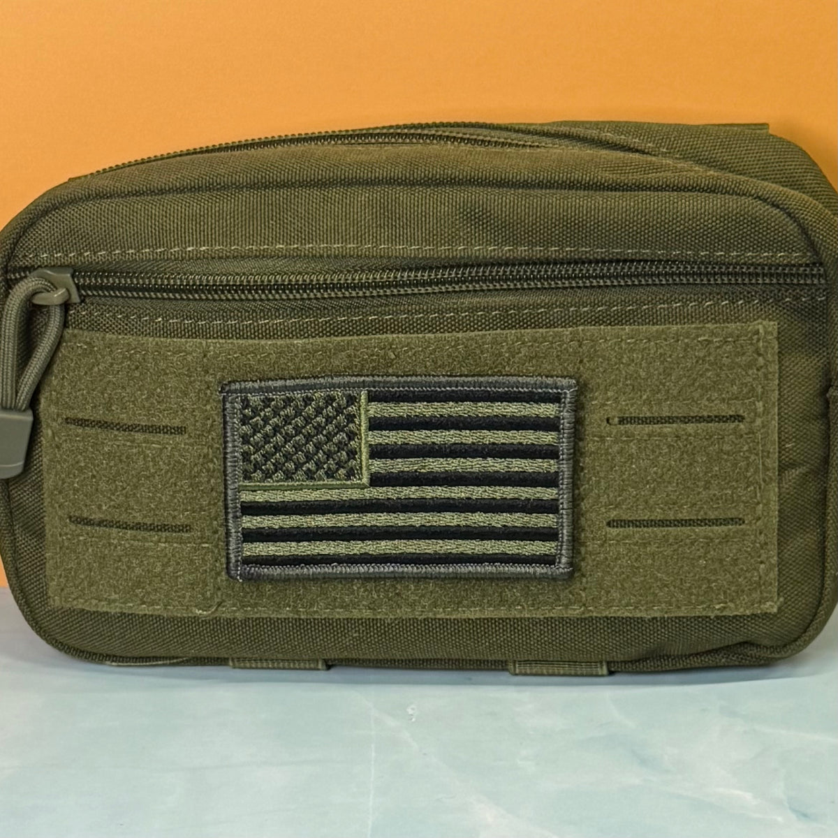 Olive OD Green Tactical American Flag embroidered morale patch, product photograph.