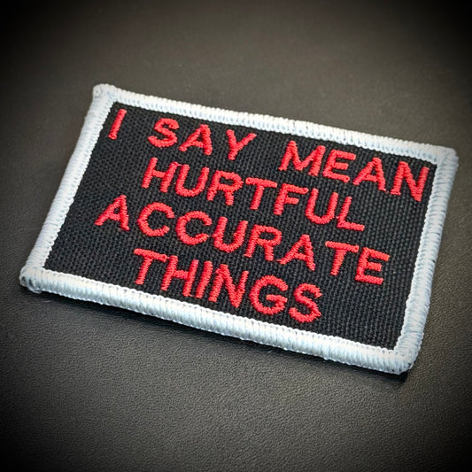A rectangular embroidered patch with a black center, red text reading 'I SAY MEAN HURTFUL ACCURATE THINGS,' and a white border, photographed on a dark textured surface.