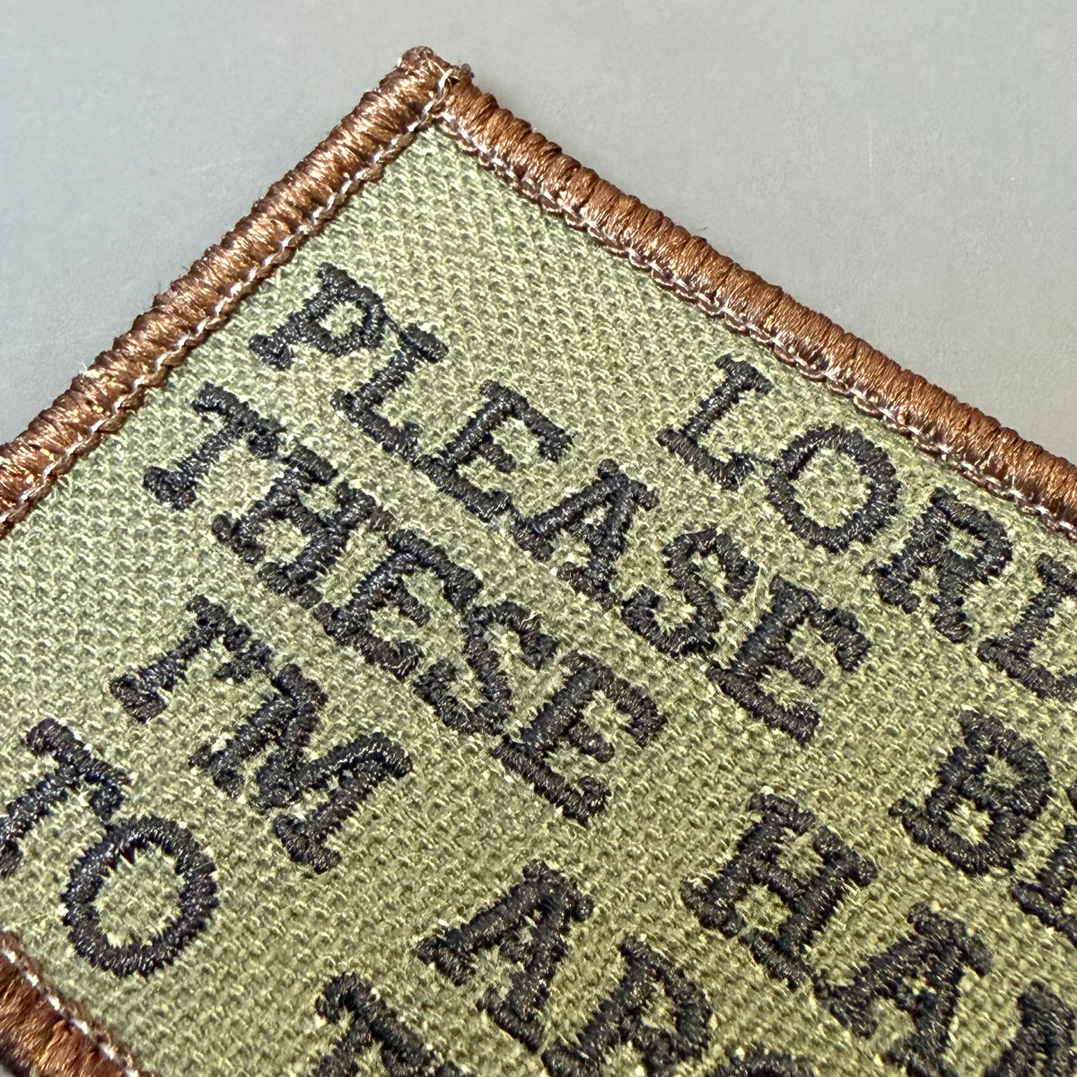 Lord, Bless These Hands I'm About To Throw embroidered morale patch: rectangular embroidered patch with a tan border and olive drab background, featuring dark gray text that reads 'PLEASE THESE HANDS TO LOR.