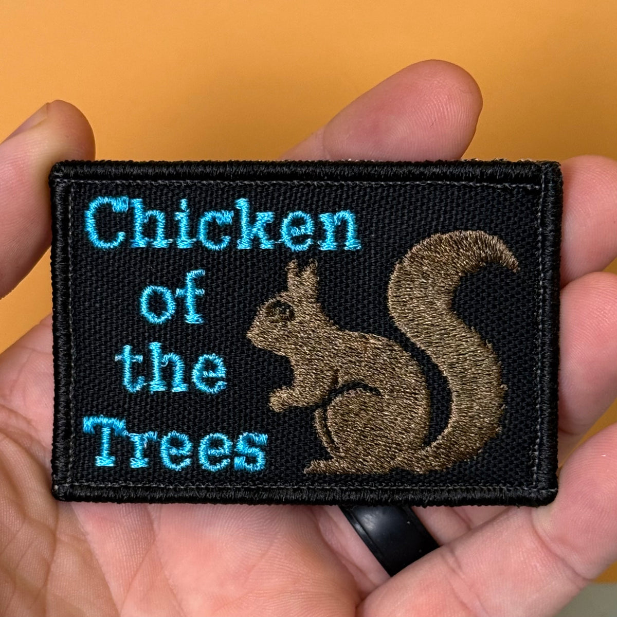 Squirrel, Chicken of the Trees embroidered morale patch: held in a hand, featuring the text 'Chicken of the Trees' in bright blue and a brown squirrel illustration on a black background.