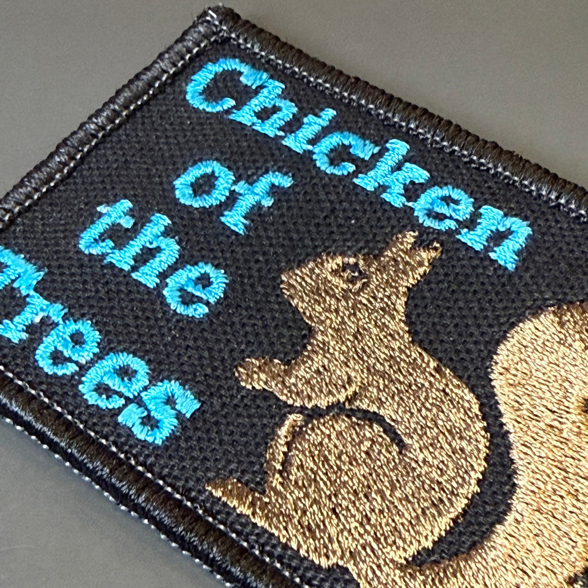 Squirrel, Chicken of the Trees embroidered morale patch: with the phrase 'Chicken of the Trees' in bright blue text and a tan squirrel design on a black background.