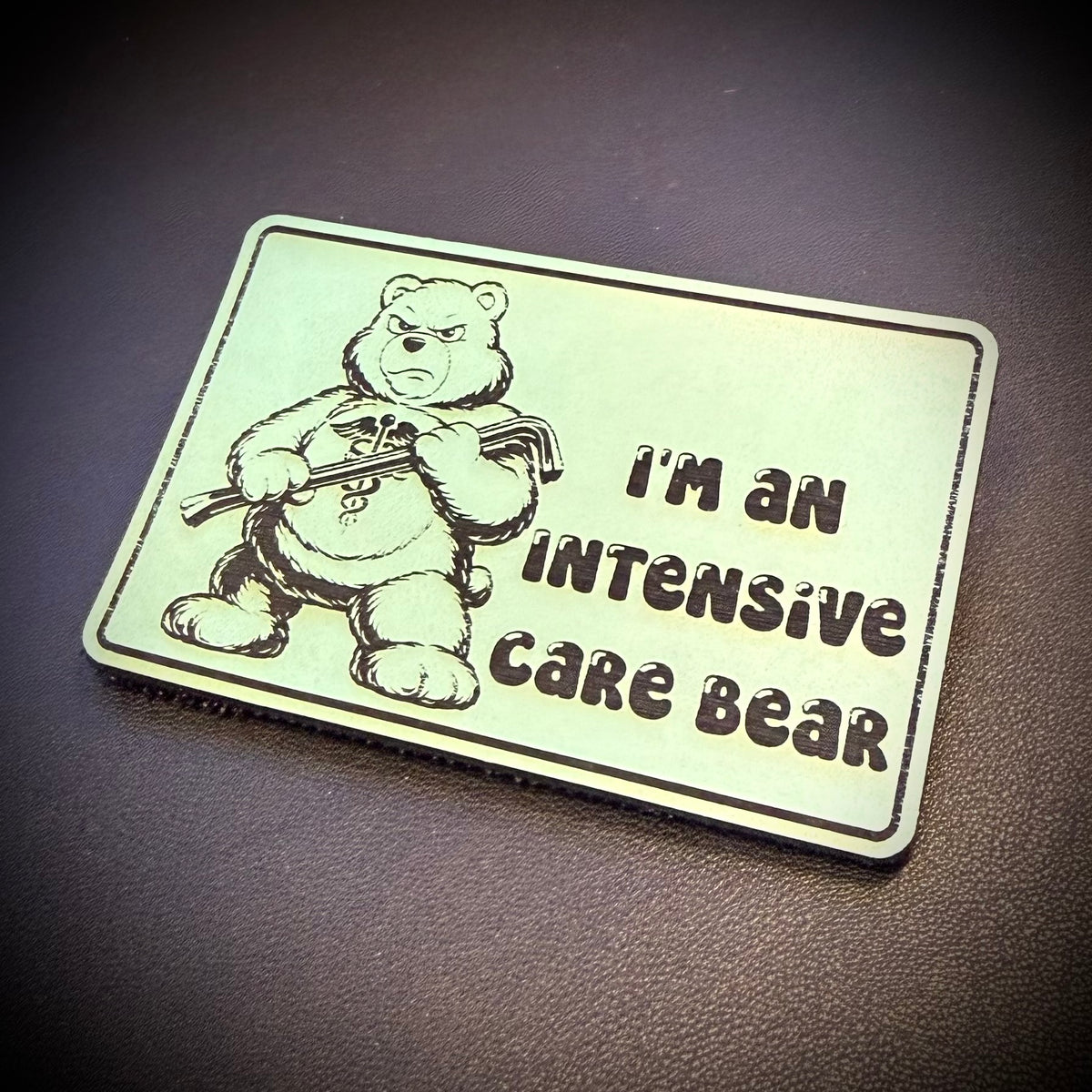 Intensive Care Bear Funny Nurse Medic laser-engraved synthetic morale patch, product image.