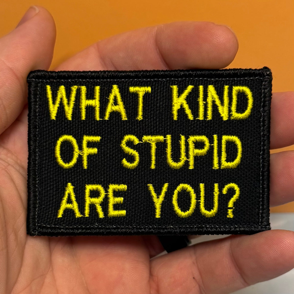 What Kind of Stupid Are You Funny embroidered morale patch, product photograph.