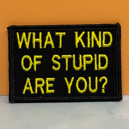 What Kind of Stupid Are You Funny embroidered morale patch, product photograph.