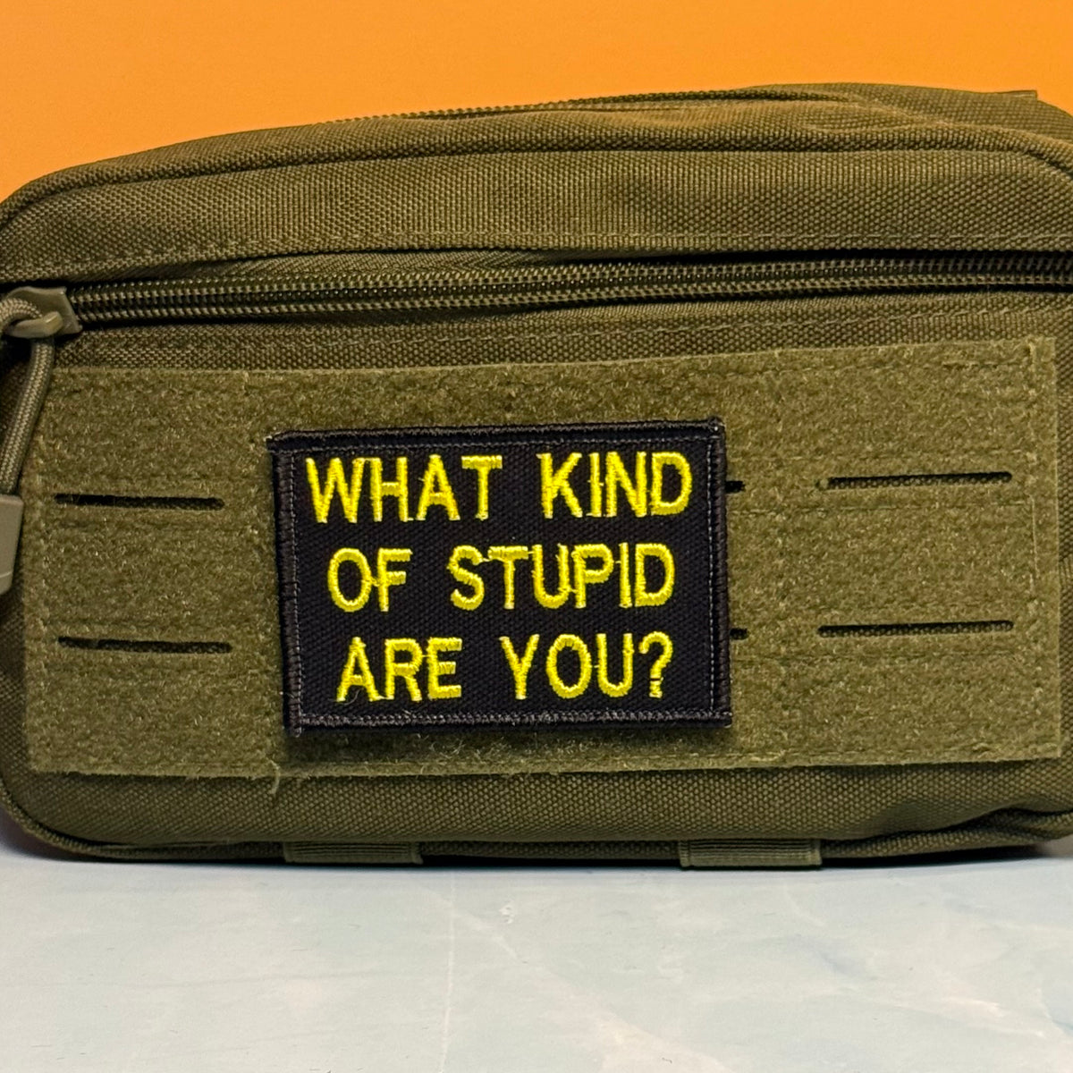 What Kind of Stupid Are You Funny embroidered morale patch, product photograph.