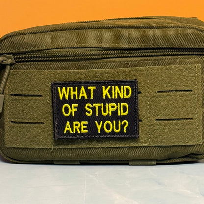 What Kind of Stupid Are You Funny embroidered morale patch, product photograph.