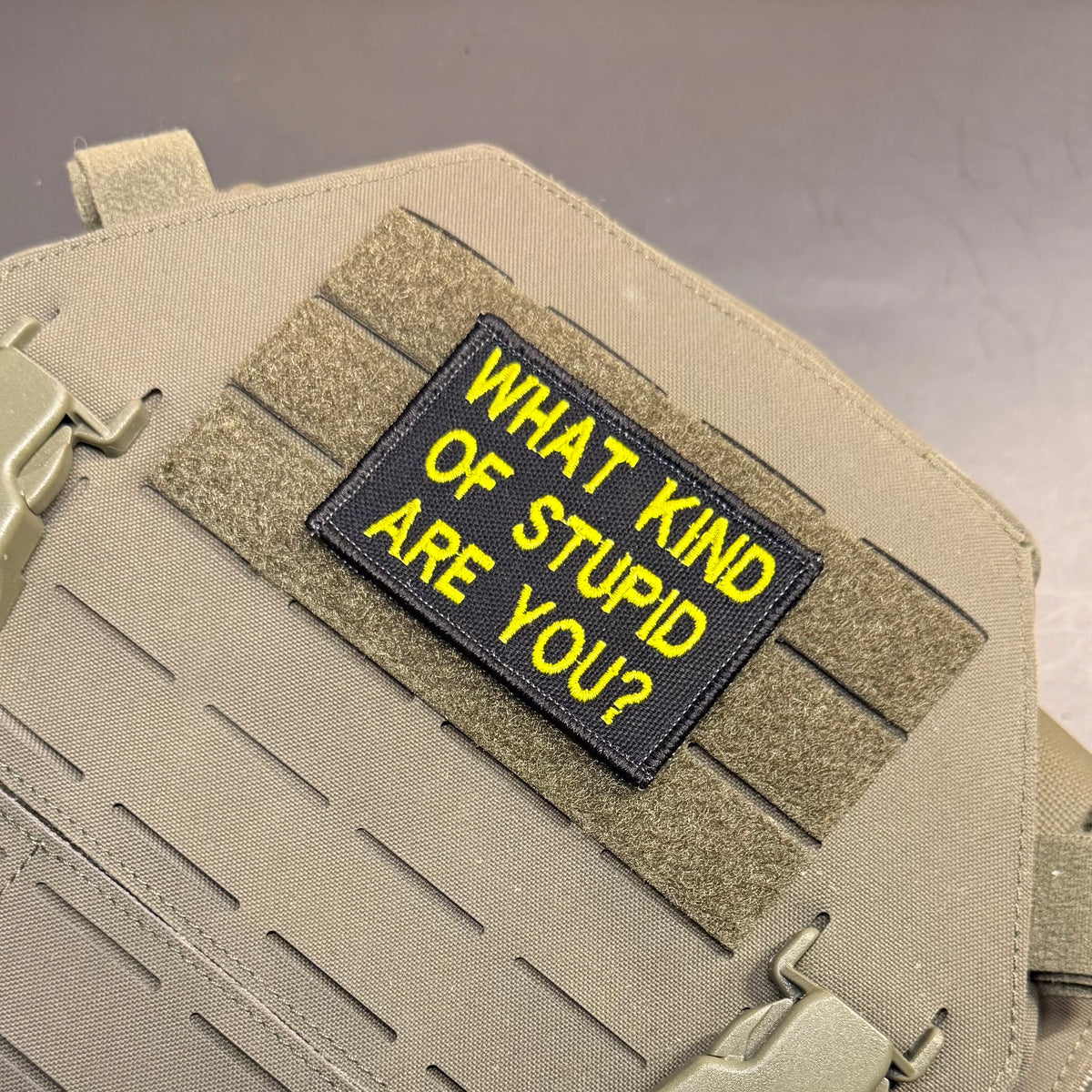 What Kind of Stupid Are You Funny embroidered morale patch, product photograph.