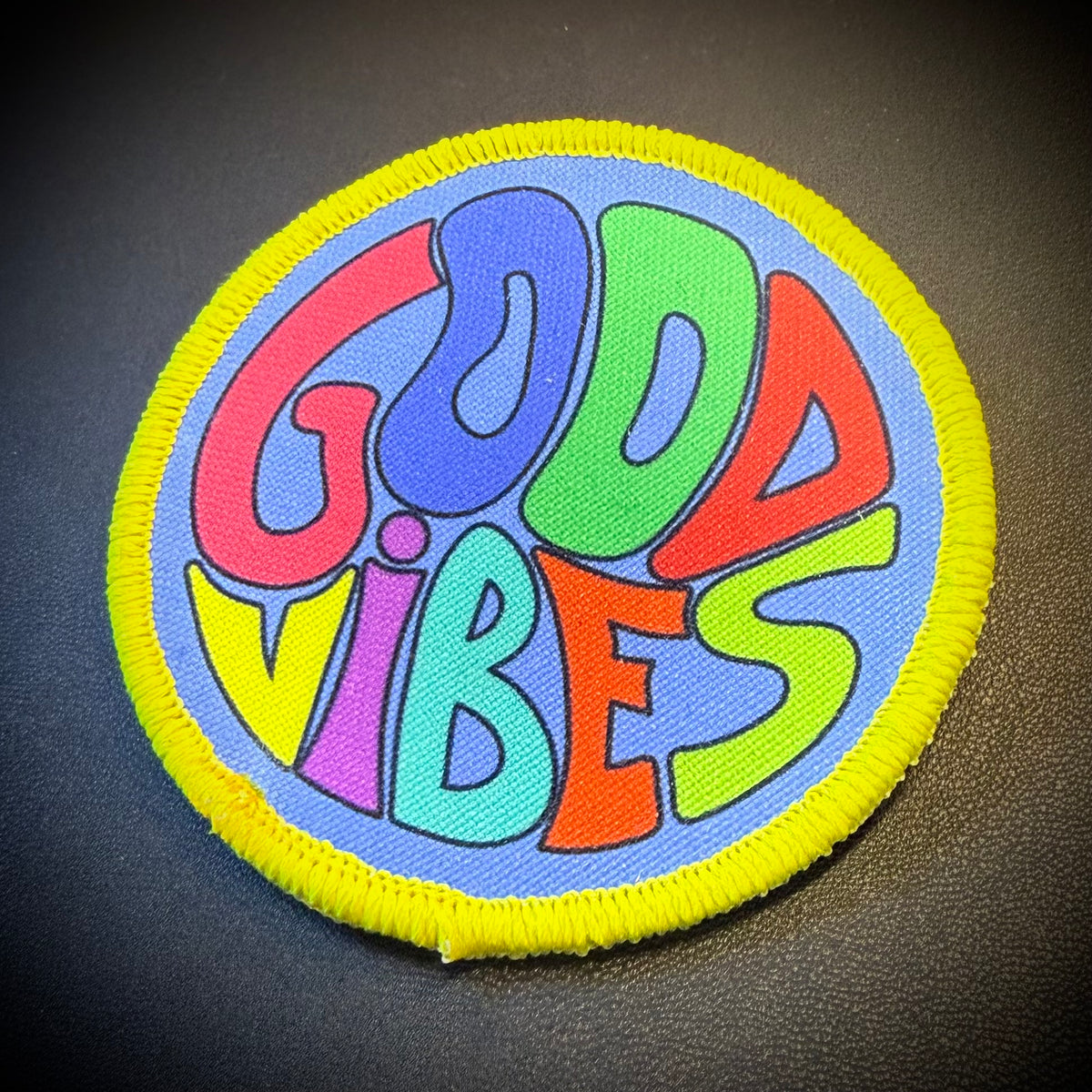 Good Vibes Only retro multicolor printed morale patch, 3-inch round design with embroidered border