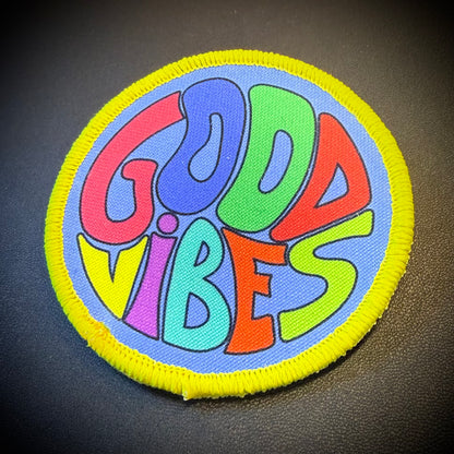Good Vibes Only retro multicolor printed morale patch, 3-inch round design with embroidered border