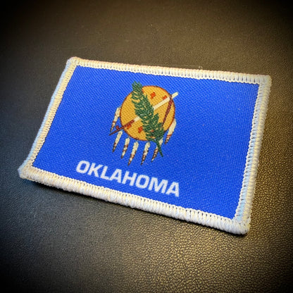 Oklahoma state flag hook-backed morale patch, alternate view of the printed flag design