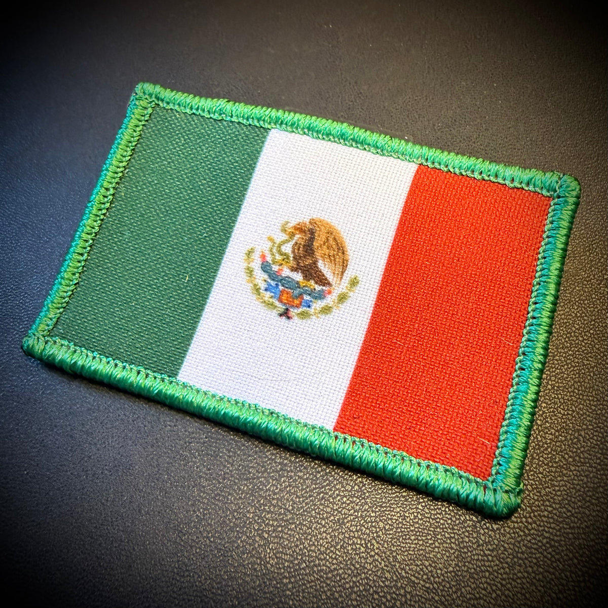 Mexico national flag hook-backed morale patch, alternate view of the printed flag design