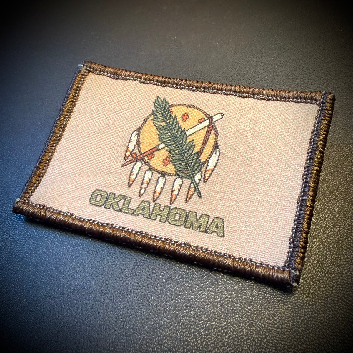 Oklahoma state flag 2x3-inch printed morale patch, product photo showing the flag artwork and embroidered border