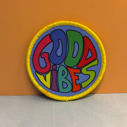 Retro Good Vibes Only round patch with VELCRO Brand hook backing, product photograph