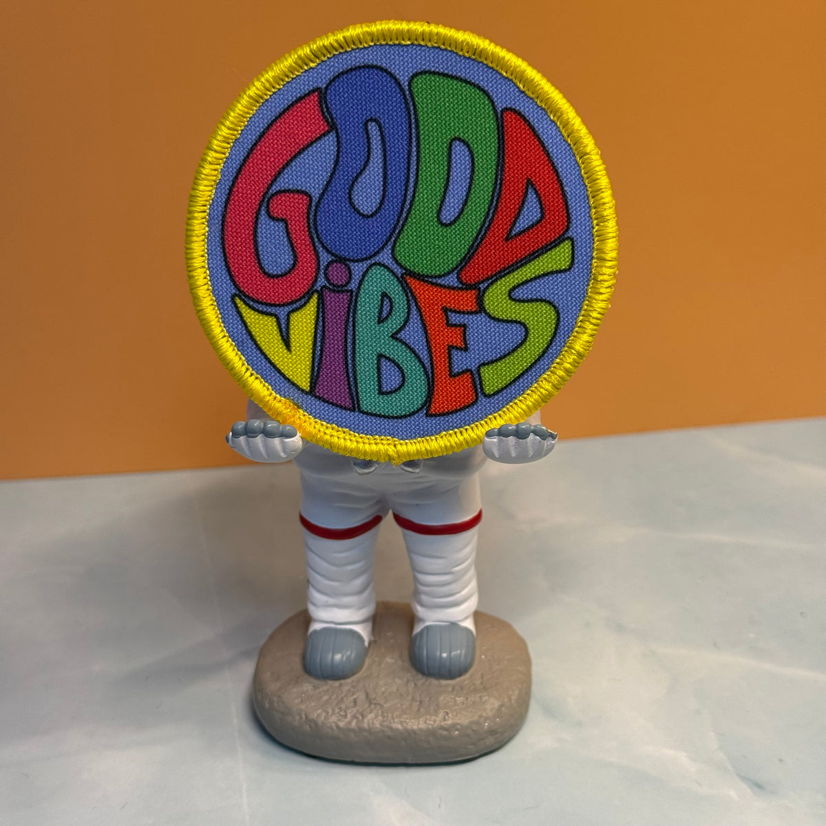 Good Vibes Only printed morale patch, close-up product detail of the retro circular design