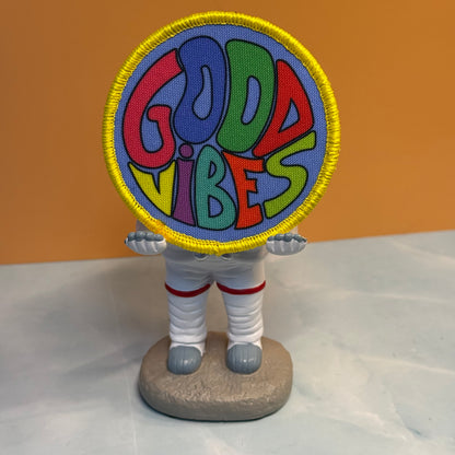 Good Vibes Only printed morale patch, close-up product detail of the retro circular design