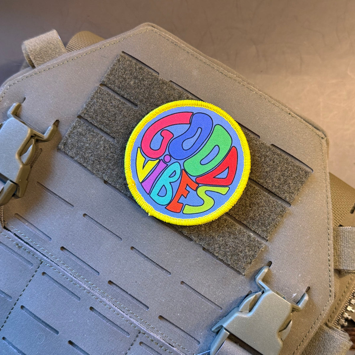 Good Vibes Only groovy printed canvas morale patch, alternate view of round colorful patch