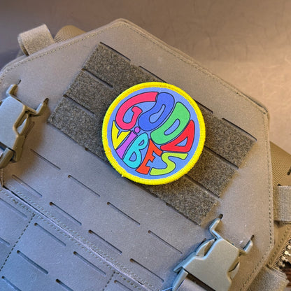 Good Vibes Only groovy printed canvas morale patch, alternate view of round colorful patch