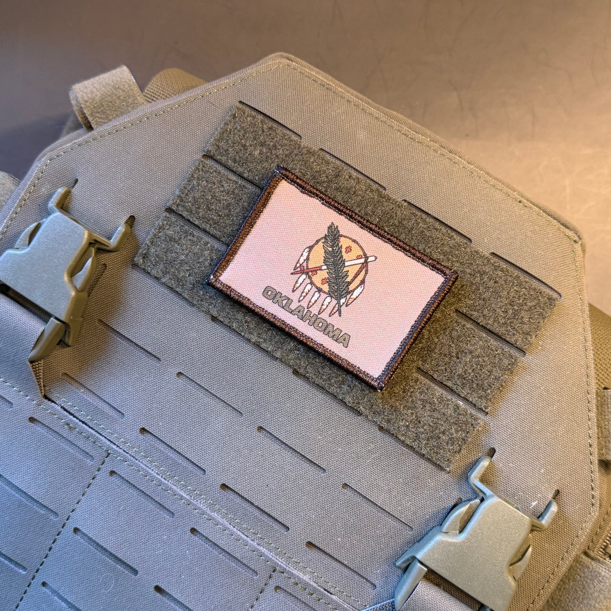 Oklahoma state flag morale patch with printed canvas flag graphics, product photograph