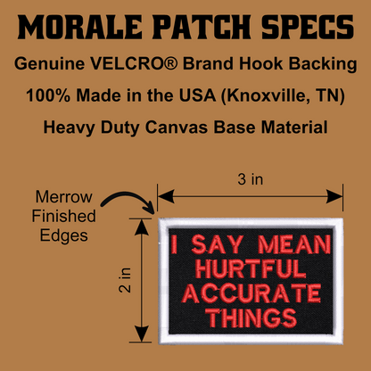 A product specification graphic for a MORALE PATCH SPECS embroidered patch. The patch has a black background with red embroidered text reading 'I SAY MEAN HURTFUL ACCURATE THINGS' and a white border.