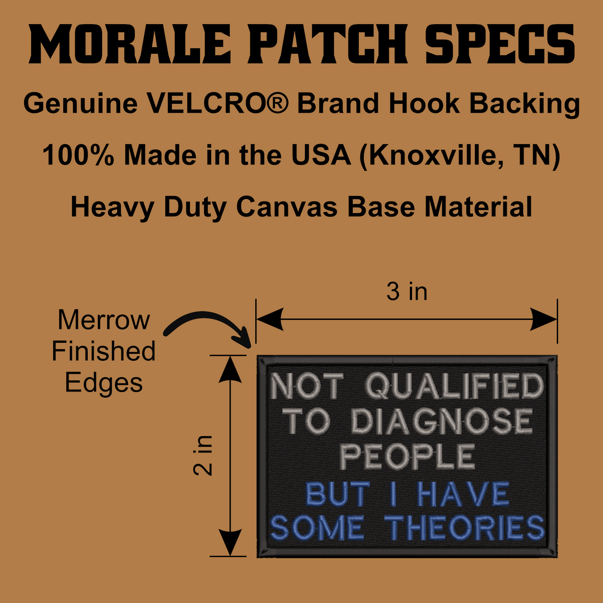 A product specification graphic for a morale patch. The image features a black rectangular canvas patch with a humorous medical joke in white and blue text, surrounded by dimension lines indicating 3 inches by 2 inches.