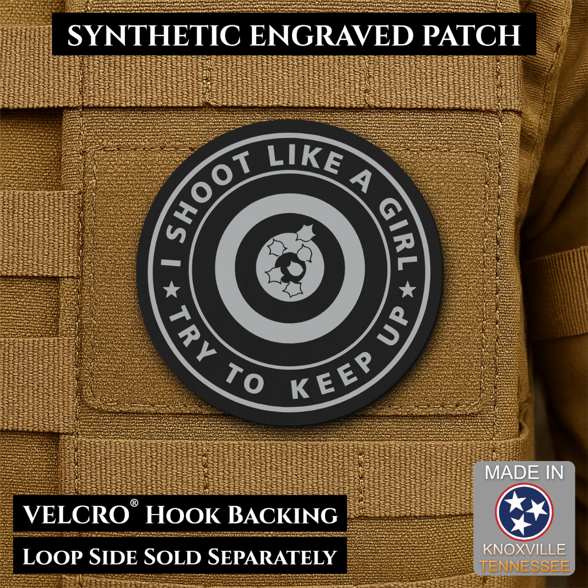 I Shoot Like A Girl Funny Morale Patch, 3" Round | Made in USA | VELCRO® Brand Hook Backing