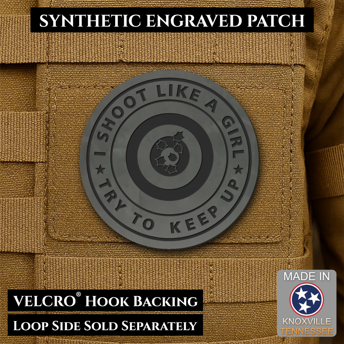 I Shoot Like A Girl Funny Morale Patch, 3" Round | Made in USA | VELCRO® Brand Hook Backing