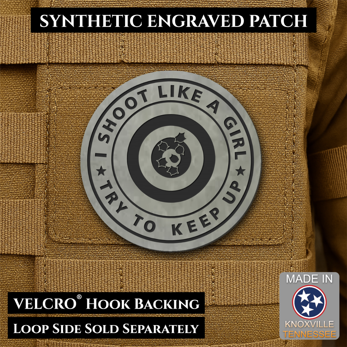 I Shoot Like A Girl Funny Morale Patch, 3" Round | Made in USA | VELCRO® Brand Hook Backing