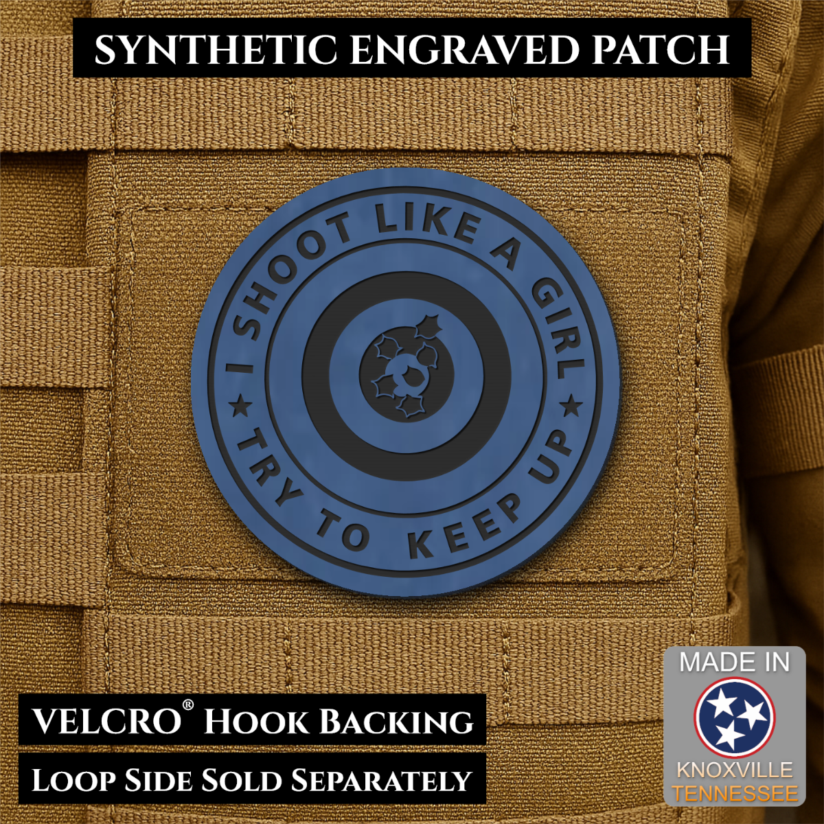 I Shoot Like A Girl Funny Morale Patch, 3" Round | Made in USA | VELCRO® Brand Hook Backing