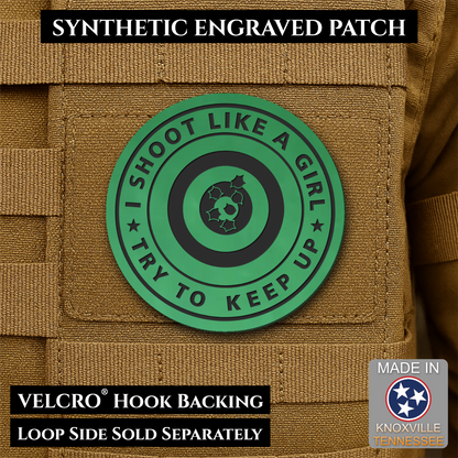 I Shoot Like A Girl Funny Morale Patch, 3" Round | Made in USA | VELCRO® Brand Hook Backing