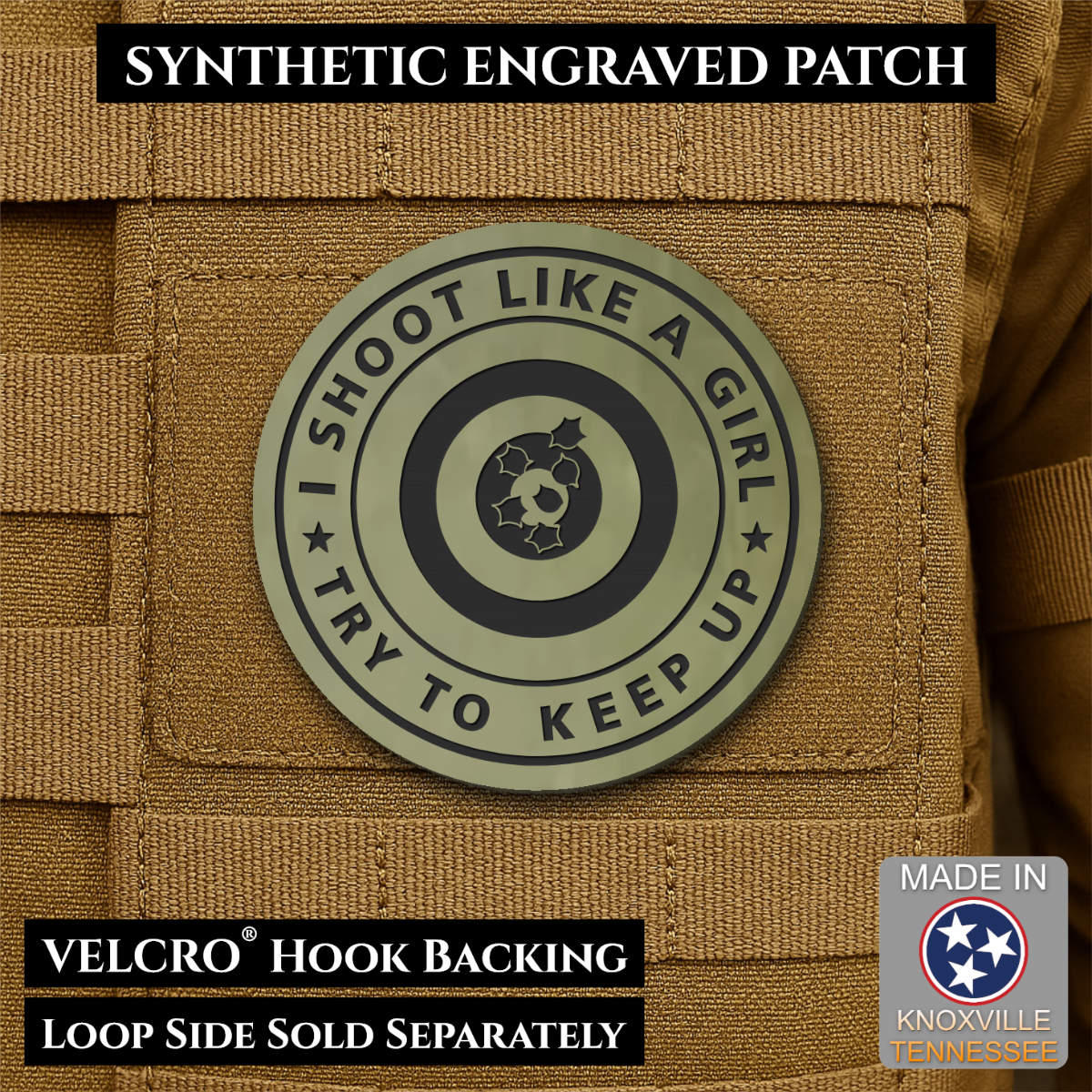I Shoot Like A Girl Funny Morale Patch, 3" Round | Made in USA | VELCRO® Brand Hook Backing