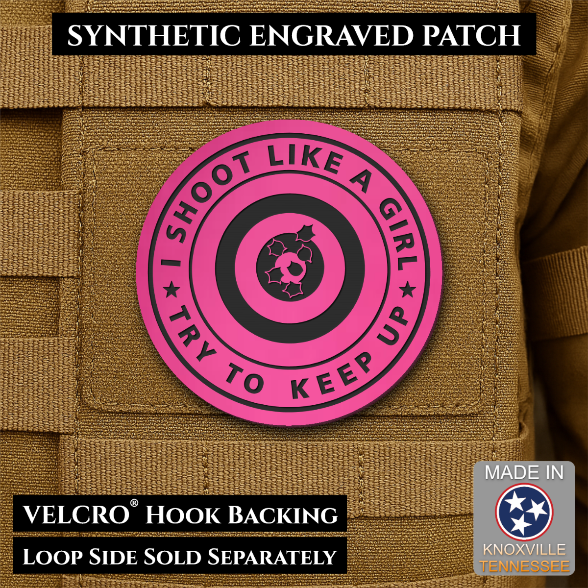 I Shoot Like A Girl Funny Morale Patch, 3" Round | Made in USA | VELCRO® Brand Hook Backing