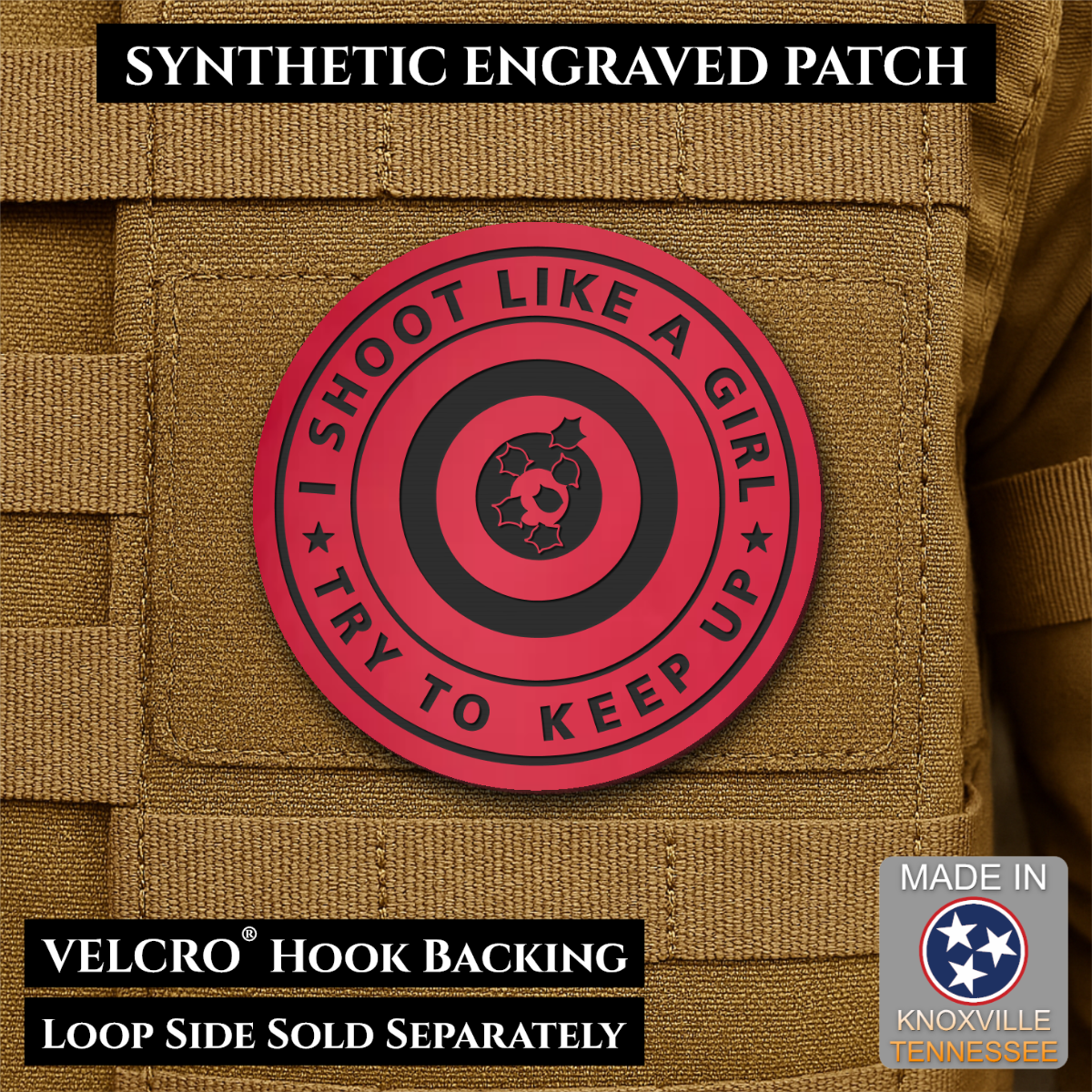 I Shoot Like A Girl Funny Morale Patch, 3" Round | Made in USA | VELCRO® Brand Hook Backing