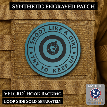 I Shoot Like A Girl Funny Morale Patch, 3" Round | Made in USA | VELCRO® Brand Hook Backing