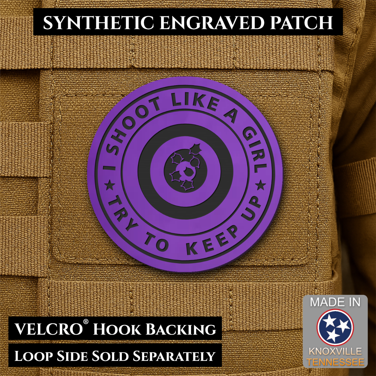 I Shoot Like A Girl Funny Morale Patch, 3" Round | Made in USA | VELCRO® Brand Hook Backing