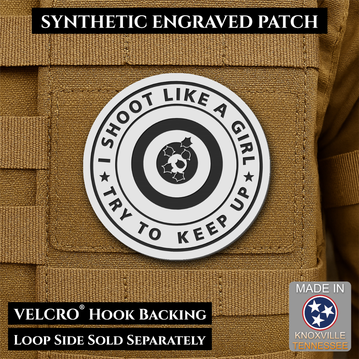 I Shoot Like A Girl Funny Morale Patch, 3" Round | Made in USA | VELCRO® Brand Hook Backing