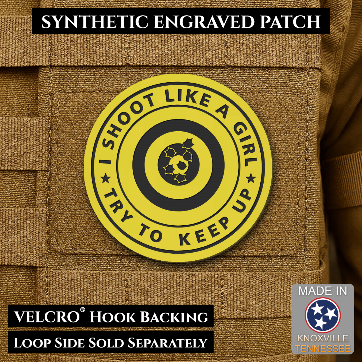 I Shoot Like A Girl Funny Morale Patch, 3" Round | Made in USA | VELCRO® Brand Hook Backing