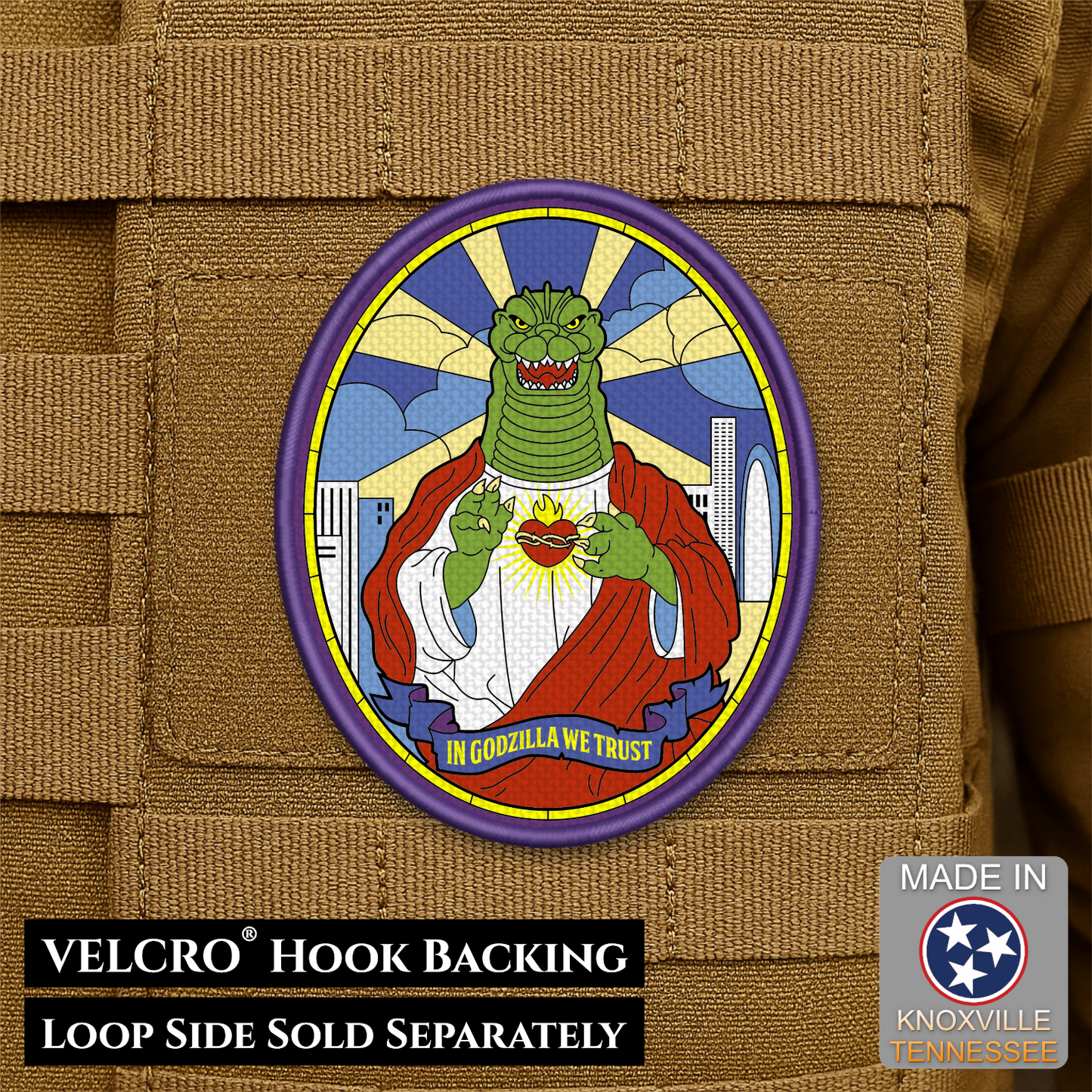 Saint Zilla, In Godzilla We Trust Funny Morale Patch, 2.5x3" | Made in USA | VELCRO® Brand Hook Backing
