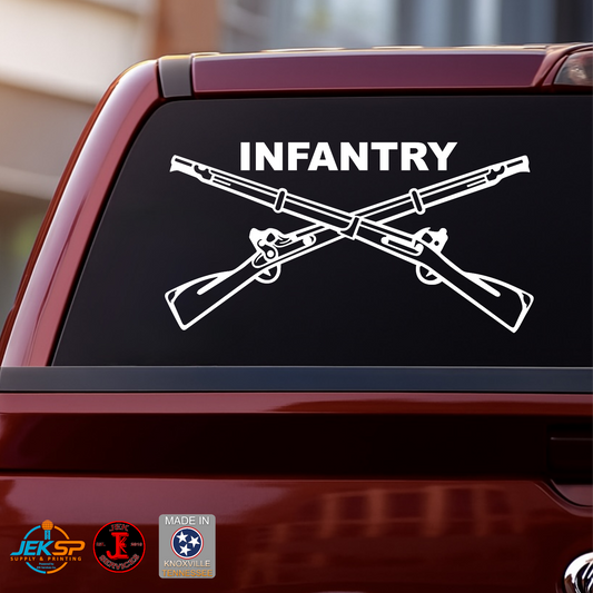 Infantry vinyl decal with crossed rifles on a back glass window of a pickup truck.