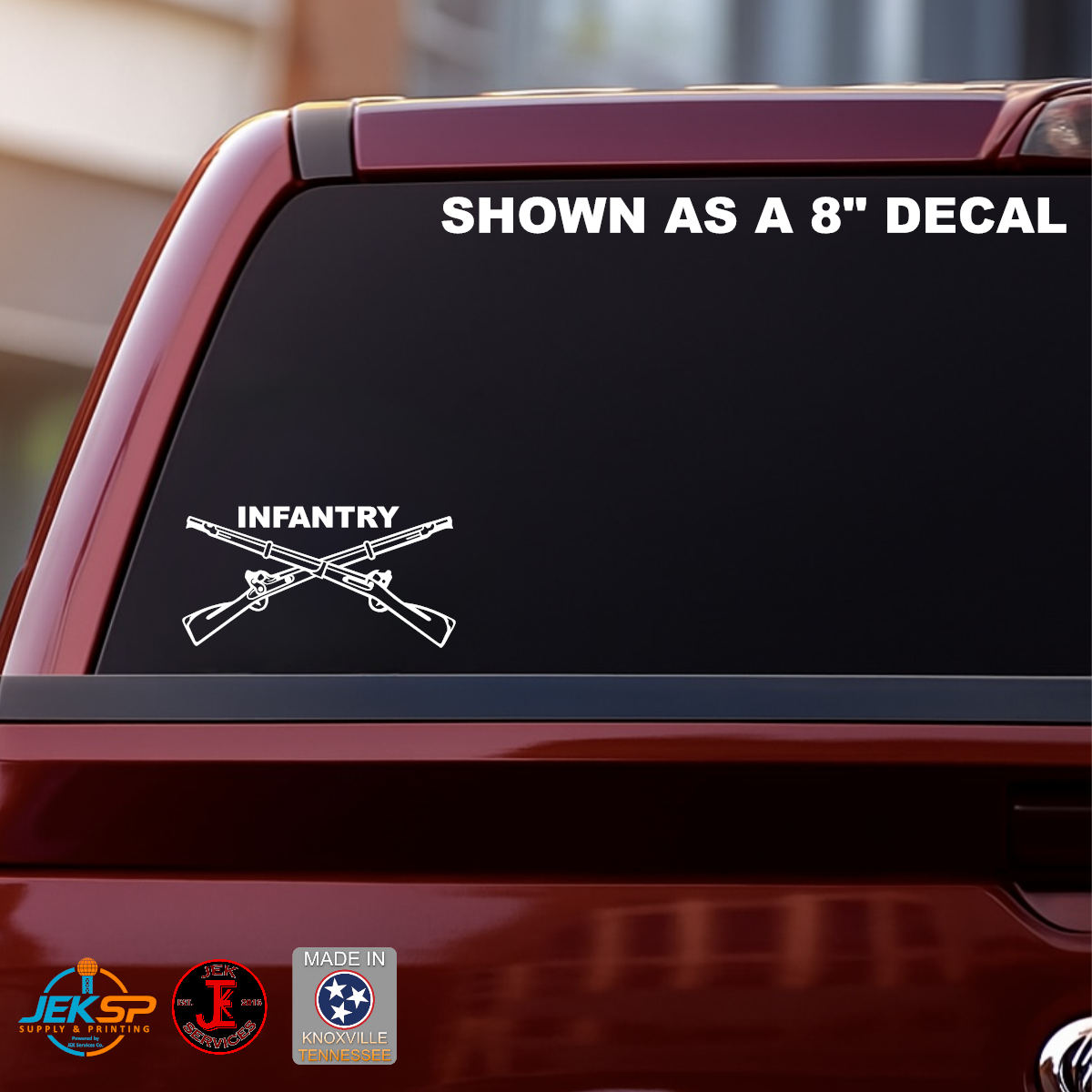 8 Inch White Infantry vinyl decal with crossed rifles on a back glass window of a pickup truck.