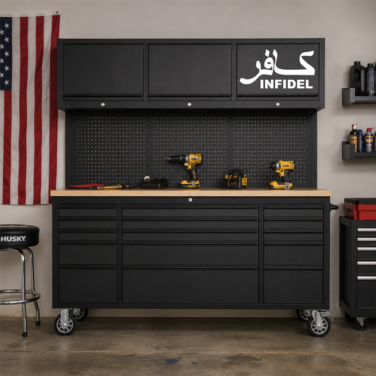 Infidel vinyl decal on a black tool box in a garage.